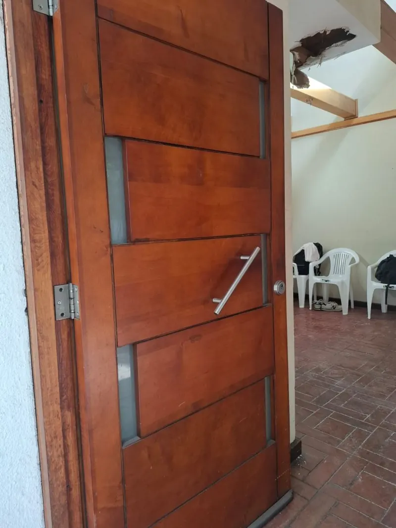 Puerta de madera maciza con vidrios verticales