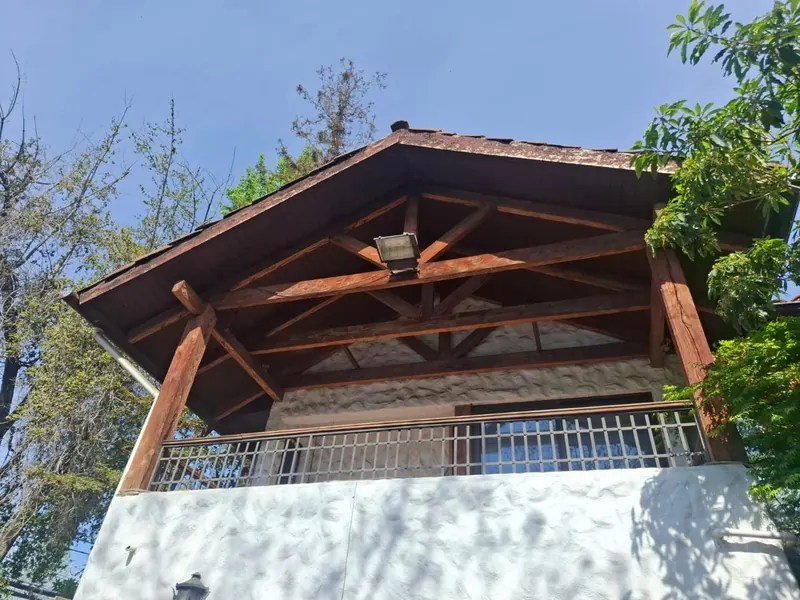 Techo de terraza con cerchas de madera y baranda de fierro